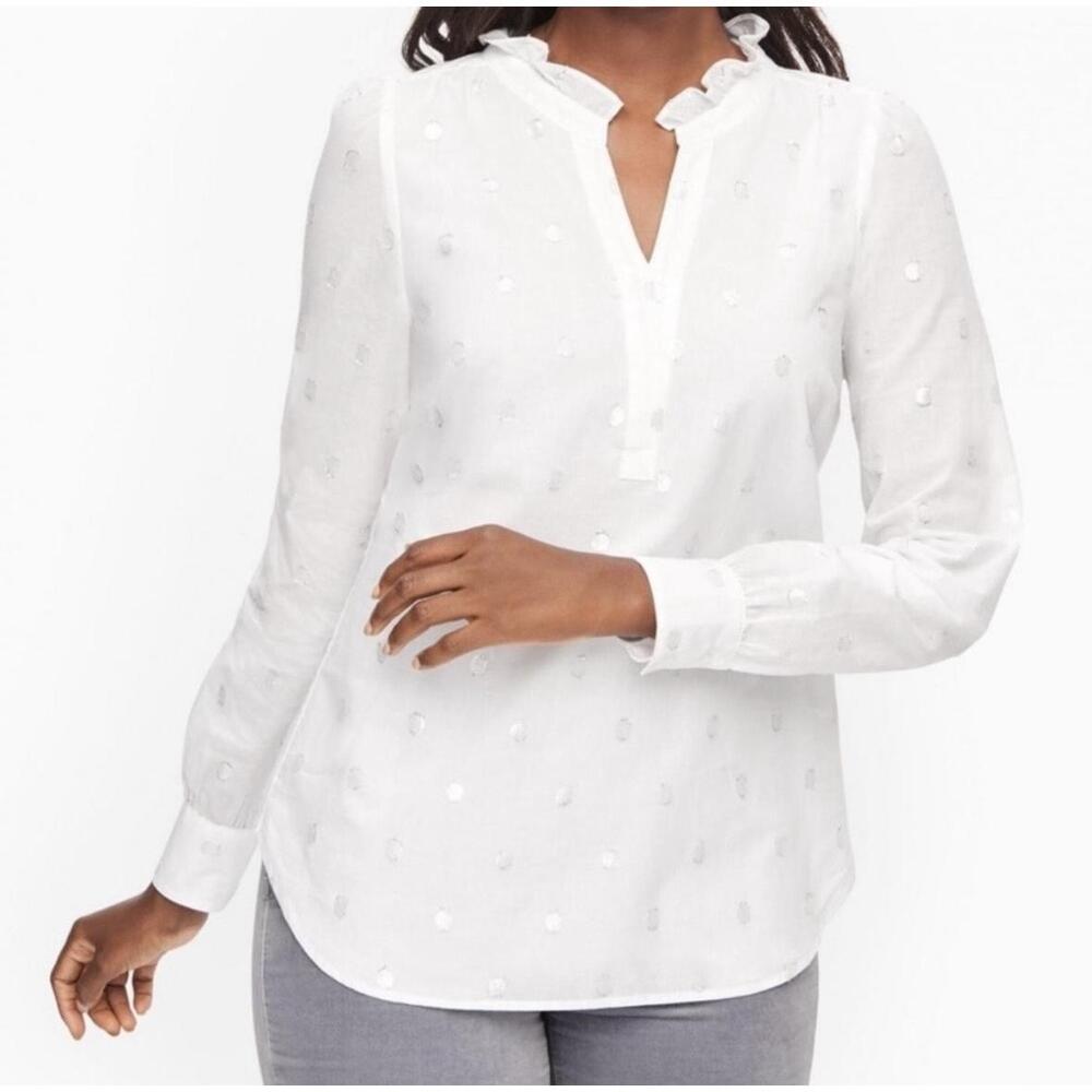 Talbots NWOT Metallic Dots Ruffle Collar Tunic in White|Silver-Size Medium